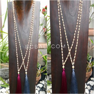 wood beige natural bead tassels necklace 4color ethnic design